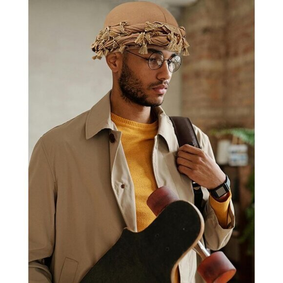 ⚡Men Women Colorful Tassel Black Satin Head Wraps Skull Cap Braid Beanie Turban - Picture 6 of 9